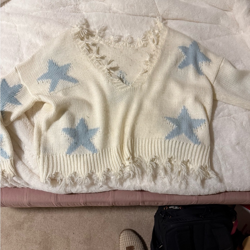 Women's Cream Sweater with Blue Stars